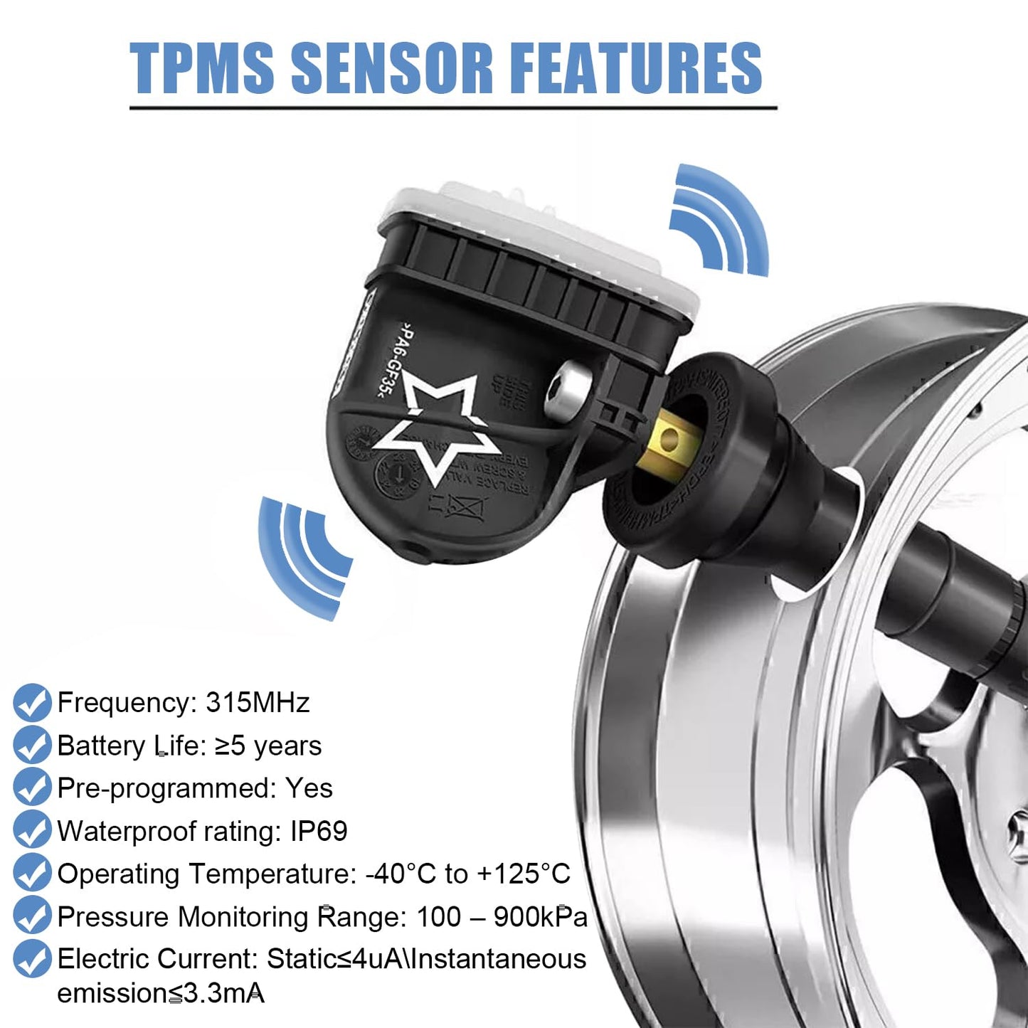 4PCS 315MHz TPMS Tire Pressure Sensors for Chevy GMC Cadillac Buick