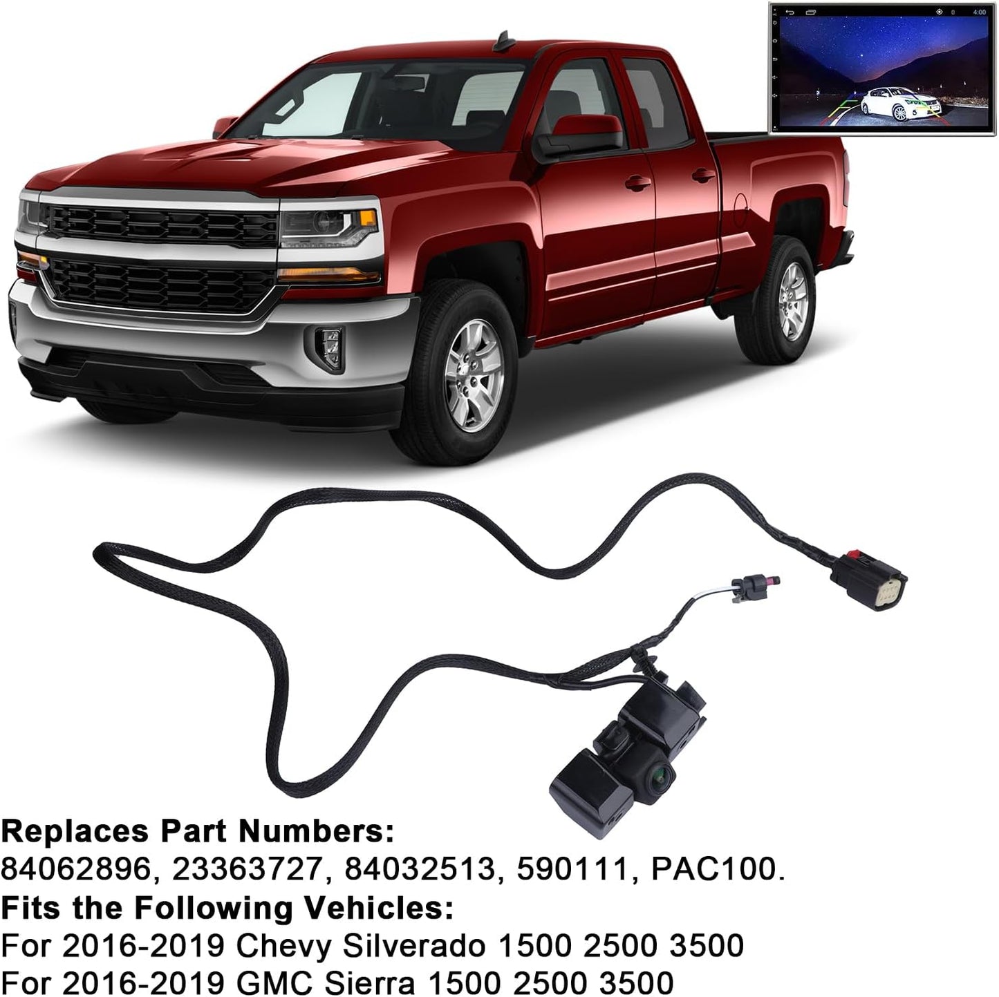 Rear View Backup Camera for 2016-2019 Chevy Silverado GMC Sierra 1500 2500 3500