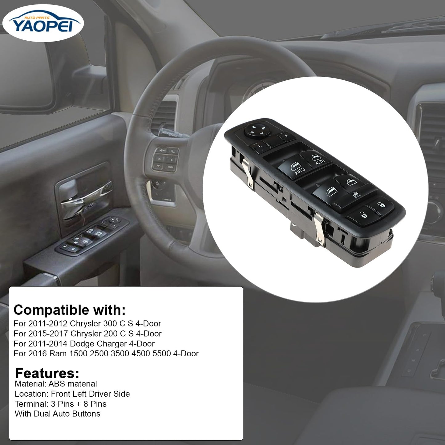 Master Power Window Switch for Chrysler 200 300, Dodge Charger, RAM 1500–5500 (3+8 Pins)