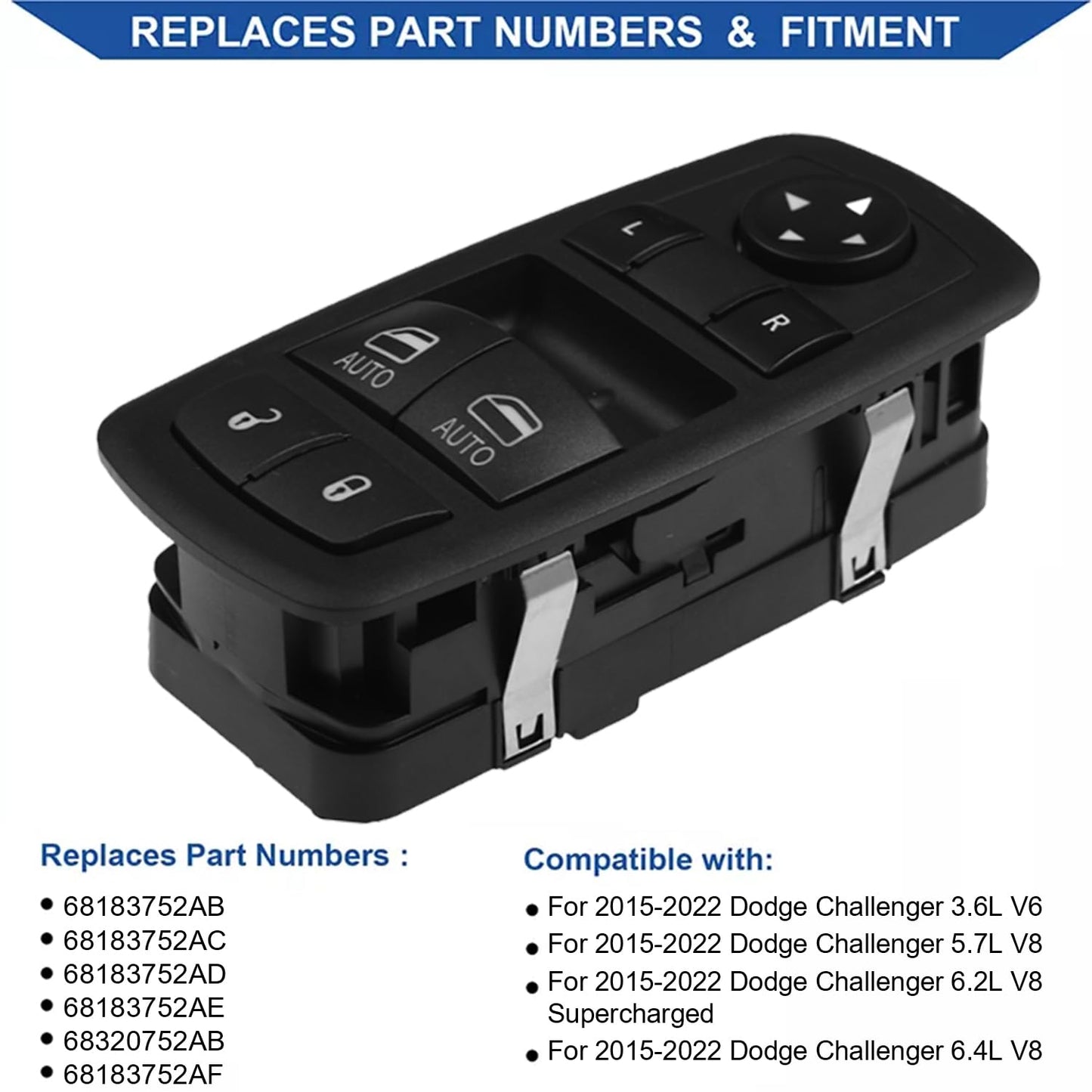 Driver Side Power Window Switch for Dodge Challenger 2015–2022 | 3-Pin OE# 68183752AB